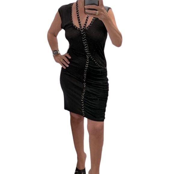 Sachin + Babi For Ankasa Black V Neck Chains Details Ruched Dress.Size S - Picture 3 of 16